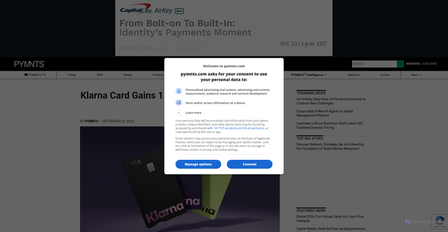 Security scan screenshot of https://www.pymnts.com/news/payment-methods/2025/klarna-card-gains-1-million-us-users-in-first-11-weeks/