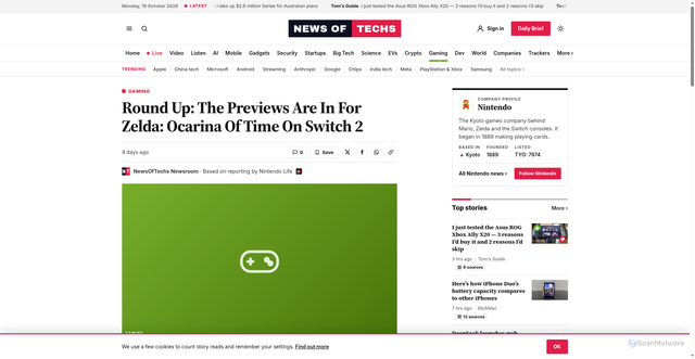 Security scan screenshot of https://newsoftechs.com/story/84730-round-up-the-previews-are-in-for-zelda-ocarina-of-time-on-switch-2
