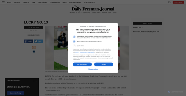 Security scan screenshot of https://www.freemanjournal.net/sports/local-sports/2025/12/lucky-no-13/