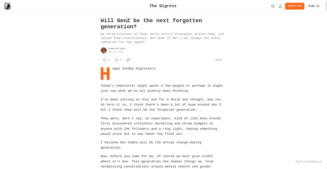 Security scan screenshot of https://thedigress.substack.com/p/will-genz-be-the-next-forgotten-generation