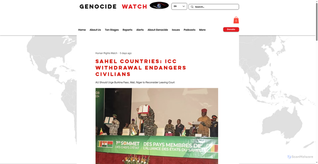 Security scan screenshot of https://www.genocidewatch.com/single-post/sahel-countries-icc-withdrawal-endangers-civilians