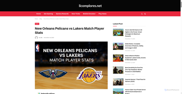 Security scan screenshot of https://licomplores.net/new-orleans-pelicans-vs-lakers-match-player-stats/