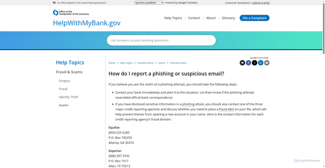 Security scan screenshot of https://www.helpwithmybank.gov/help-topics/fraud-scams/scams/internet-scams/phishing-report.html
