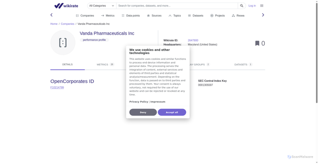 Security scan screenshot of https://wikirate.org/Vanda_Pharmaceuticals_Inc
