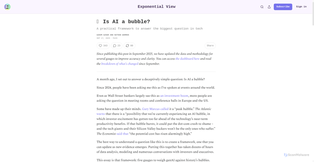 Security scan screenshot of https://www.exponentialview.co/p/is-ai-a-bubble
