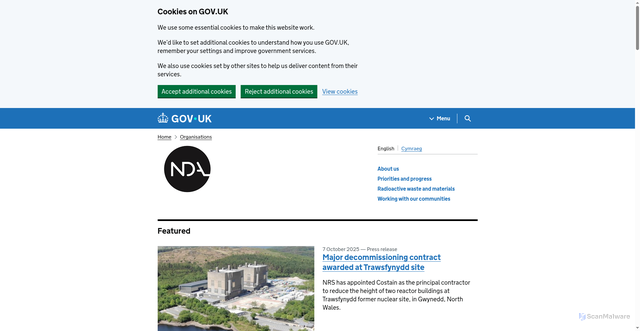Security scan screenshot of https://www.gov.uk/government/organisations/nuclear-decommissioning-authority