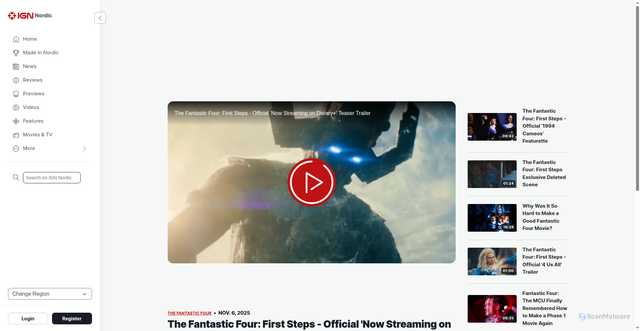 Security scan screenshot of https://nordic.ign.com/the-fantastic-four/100653/video/the-fantastic-four-first-steps-official-now-streaming-on-disney-teaser-trailer