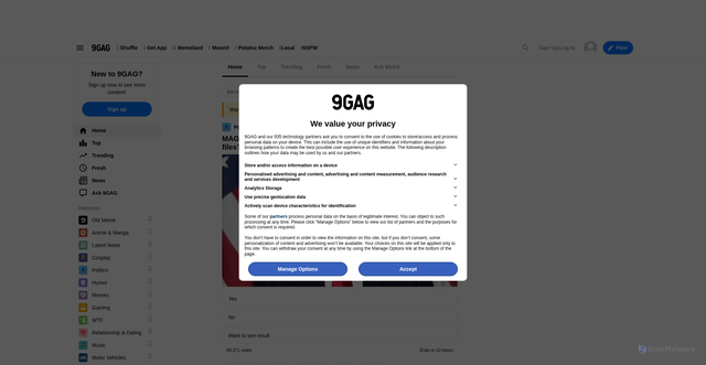 Security scan screenshot of https://9gag.com