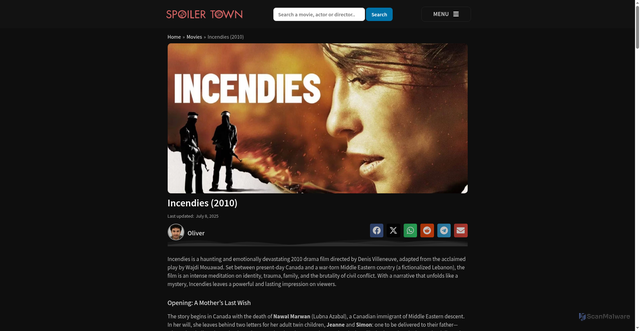 Security scan screenshot of https://spoilertown.com/incendies-2010/