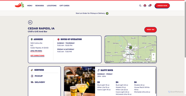 Security scan screenshot of https://www.chilis.com/locations/us/iowa/cedar-rapids/cedar-rapids