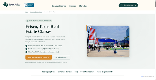 Security scan screenshot of https://texasonlinerealestateacademy.com/frisco-texas-real-estate-license-classes/