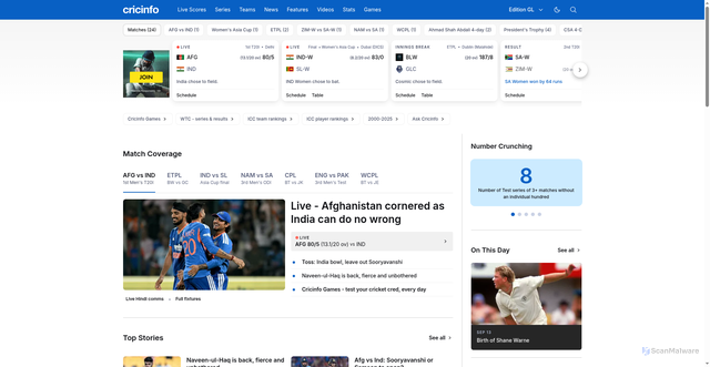 Security scan screenshot of https://search.espncricinfo.com/
