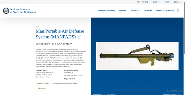 Security scan screenshot of https://diplomacy.state.gov/items/man-portable-air-defense-system-manpads/
