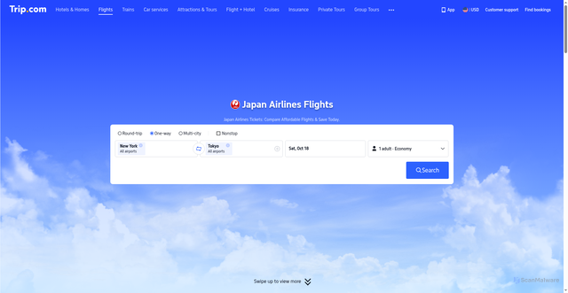 Security scan screenshot of https://us.trip.com/flights/airline-jl/japan-airlines/