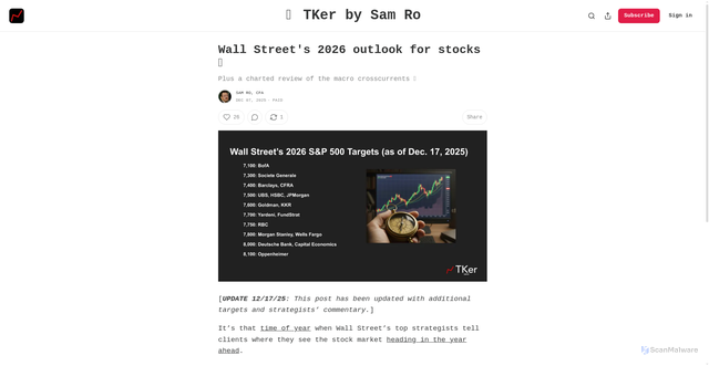 Security scan screenshot of https://www.tker.co/p/wall-street-2026-stock-market-outlook