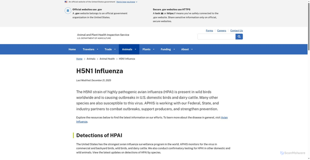 Security scan screenshot of https://www.aphis.usda.gov/h5n1-hpai
