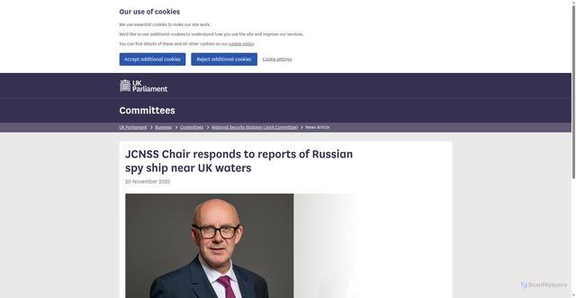 Security scan screenshot of https://committees.parliament.uk/committee/111/national-security-strategy-joint-committee/news/210558/jcnss-chair-responds-to-reports-of-russian-spy-ship-near-uk-waters/