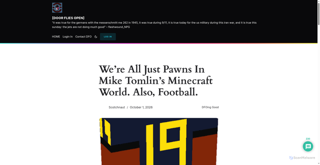 Security scan screenshot of https://doorfliesopen.com/2026/10/01/were-all-just-pawns-in-mike-tomlins-minecraft-world-also-football/