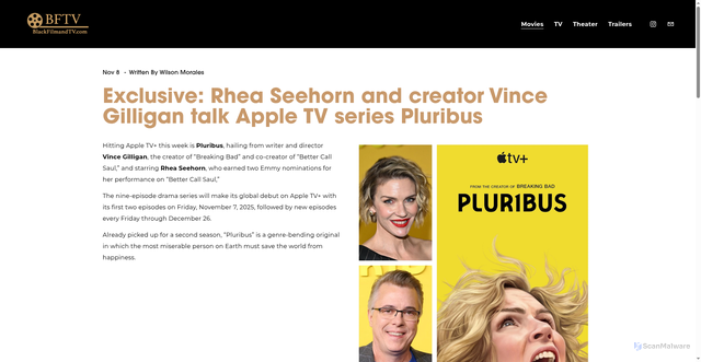 Security scan screenshot of https://www.blackfilmandtv.com/exclusives/exclusive-rhea-seehorn-and-creator-vince-gilligan-talk-apple-tv-series-pluribus