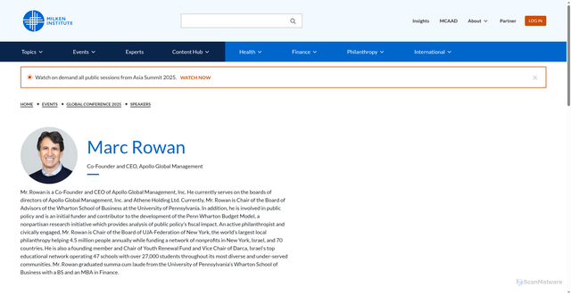 Security scan screenshot of https://milkeninstitute.org/events/global-conference-2025/speakers/marc-rowan