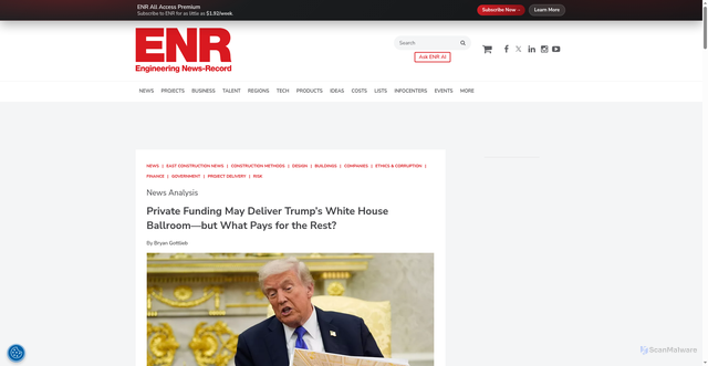 Security scan screenshot of https://www.enr.com/articles/62396-private-funding-may-deliver-trumps-white-house-ballroombut-what-pays-for-the-rest
