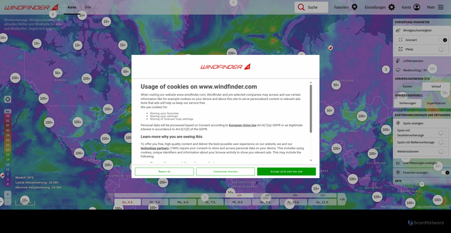 Security scan screenshot of https://de.windfinder.com