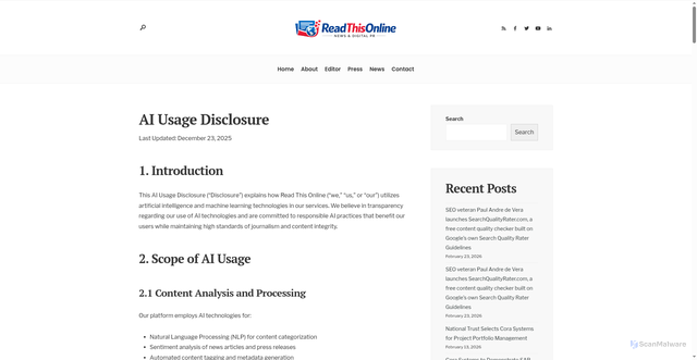 Security scan screenshot of https://texas.readthisonline.com/ai-usage-disclosure/