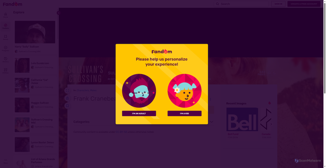 Security scan screenshot of https://sullivans-crossing.fandom.com/wiki/Frank_Cranebear