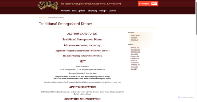 Security scan screenshot of https://www.millerssmorgasbord.com/menus/traditional-smorgasbord-dinner/