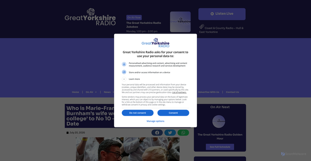 Security scan screenshot of https://greatyorkshireradio.co.uk/politics/who-is-marie-france-van-heel-how-andy-burnhams-wife-went-from-coolest-girl-in-college-to-no-10-and-appeared-on-blind-date/