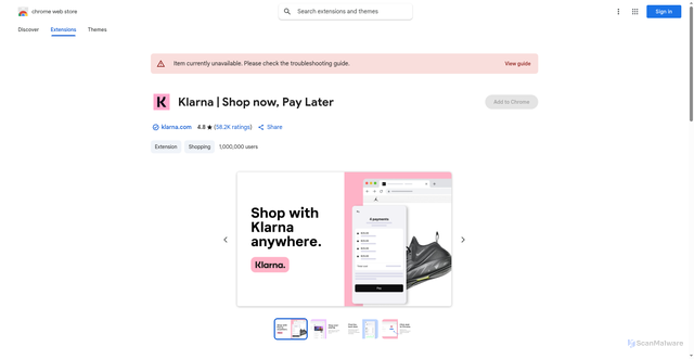 Security scan screenshot of https://chromewebstore.google.com/detail/klarna-shop-now-pay-later/hfapbcheiepjppjbnkphkmegjlipojba