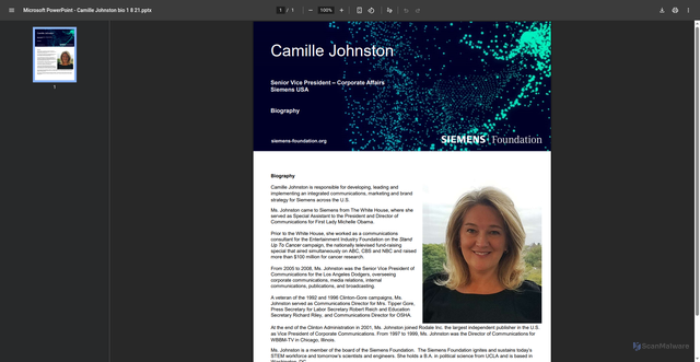 Security scan screenshot of https://assets.new.siemens.com/siemens/assets/api/uuid:017450a0-e069-4a3e-ab75-442a16a8dd2c/camille-johnston-bio-1-8-21.pdf