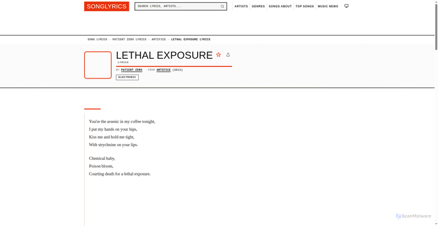 Security scan screenshot of https://www.songlyrics.com/patient-zero/lethal-exposure-lyrics/
