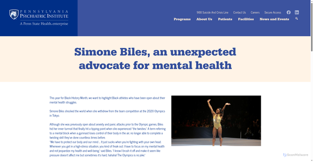 Security scan screenshot of https://ppimhs.org/newspost/simone-biles-an-unexpected-advocate-for-mental-health/