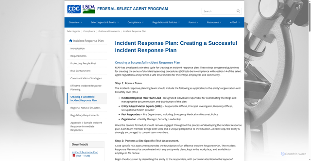 Security scan screenshot of https://www.selectagents.gov/compliance/guidance/incident-response/creating.htm