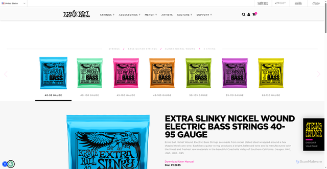 Security scan screenshot of https://www.ernieball.com/guitar-strings/bass-strings/slinky-nickel-wound-electric-bass-strings/4-strings