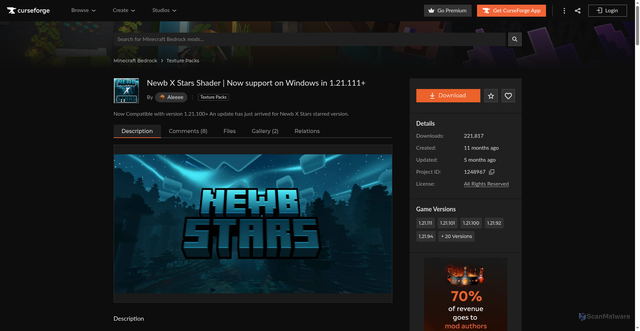 Security scan screenshot of https://www.curseforge.com/minecraft-bedrock/texture-packs/newb-x-stars