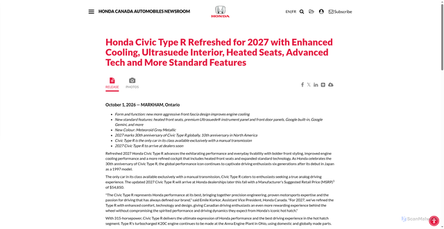 Security scan screenshot of https://hondanews.ca/en-CA/hci-automobiles/releases/honda-civic-type-r-refreshed-for-2027-with-enhanced-cooling-ultrasuede-interior-heated-seats-advanced-tech-and-more-standard-features
