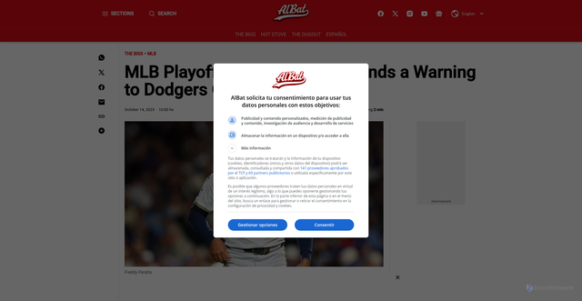 Security scan screenshot of https://en.albat.com/thebigs/mlb-playoffs-freddy-peralta-sends-a-warning-to-dodgers-over-past-grudges-20251014-0011.html