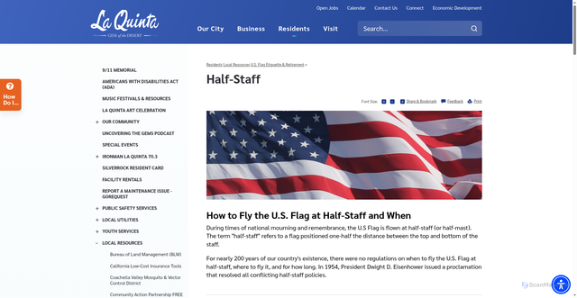 Security scan screenshot of https://www.laquintaca.gov/residents/local-resources/u-s-flag-etiquette-retirement/half-staff
