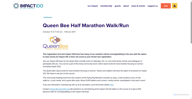 Security scan screenshot of https://impact100.org/event/queen-bee-half-marathon-walk-run/