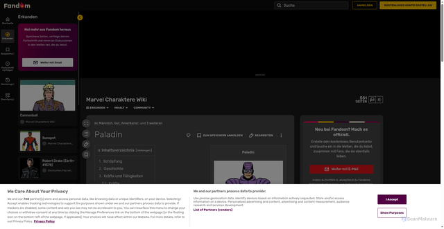 Security scan screenshot of https://marvel-charaktere.fandom.com/de/wiki/Paladin