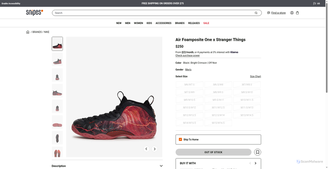 Security scan screenshot of https://www.snipesusa.com/air-foamposite-one-x-stranger-things-nike-black---bright-crimson---off-noir--ir7336-001-1000134917.html