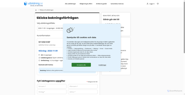 Security scan screenshot of https://www.utbildning.se/kurser/gallofsta-perlan-ledarskap/ny-som-chef-18367?utm_campaign=nyhetsbrev-utbildning-7november2026&utm_medium=email&utm_source=user.com