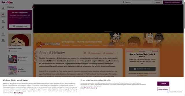 Security scan screenshot of https://goanimate.fandom.com/wiki/Freddie_Mercury