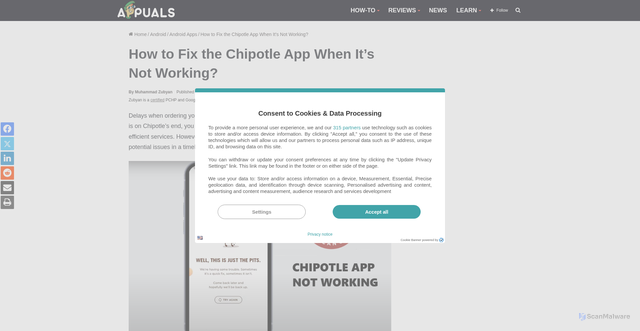 Security scan screenshot of https://appuals.com/chipotle-app-not-working/