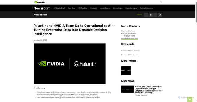 Security scan screenshot of https://nvidianews.nvidia.com/news/nvidia-palantir-ai-enterprise-data-intelligence