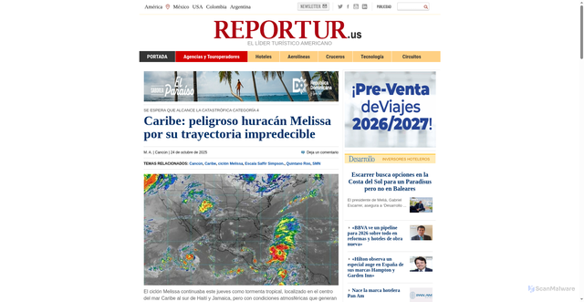 Security scan screenshot of https://www.reportur.com/agencias/2025/10/24/caribe-peligroso-huracan-melissa-por-su-trayectoria-impredecible/