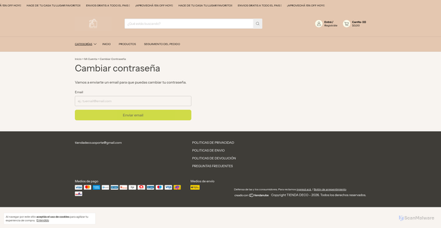 Security scan screenshot of https://tiendadeco.online/account/reset
