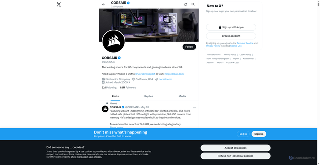 Security scan screenshot of https://x.com/Corsair?lid=m8okqzvra9ps